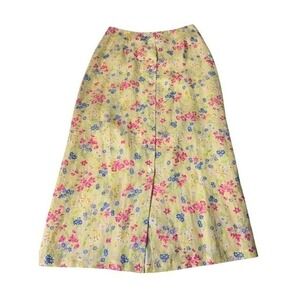 Y2K Liz Claiborne Lizsport Yellow Floral 100% Linen Button Front Midi Skirt 10
